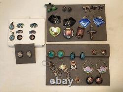 17 Pair Vintage Sterling or 14k Gold Enamel-Guilloche Earrings 5 Pendants, 1 Pin