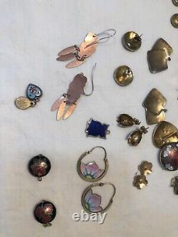 17 Pair Vintage Sterling or 14k Gold Enamel-Guilloche Earrings 5 Pendants, 1 Pin