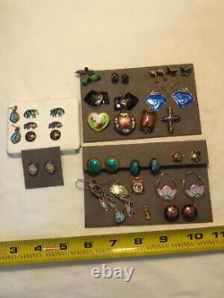 17 Pair Vintage Sterling or 14k Gold Enamel-Guilloche Earrings 5 Pendants, 1 Pin