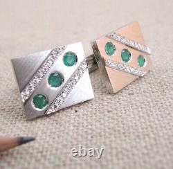 18k White Gold Emerald Diamond Cufflinks Handmade Heavy Pair 25 g Estate Vintage