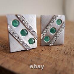 18k White Gold Emerald Diamond Cufflinks Handmade Heavy Pair 25 g Estate Vintage