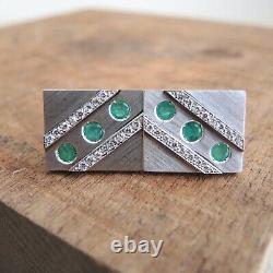 18k White Gold Emerald Diamond Cufflinks Handmade Heavy Pair 25 g Estate Vintage