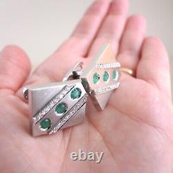 18k White Gold Emerald Diamond Cufflinks Handmade Heavy Pair 25 g Estate Vintage