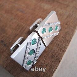 18k White Gold Emerald Diamond Cufflinks Handmade Heavy Pair 25 g Estate Vintage