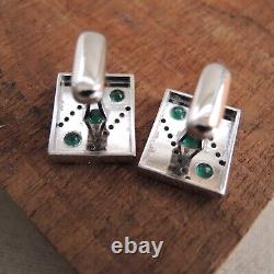 18k White Gold Emerald Diamond Cufflinks Handmade Heavy Pair 25 g Estate Vintage