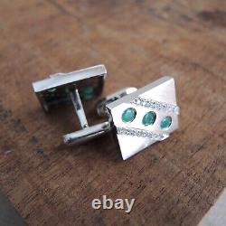 18k White Gold Emerald Diamond Cufflinks Handmade Heavy Pair 25 g Estate Vintage