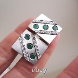 18k White Gold Emerald Diamond Cufflinks Handmade Heavy Pair 25 g Estate Vintage