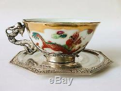 1950's Pair Tea Cup Saucer Vintage Sterling Silver 875 Porcelain Etched Vietnam