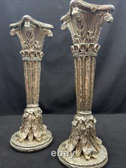 19th Century Sheffield Plate Silver Corinthian Candle Holders Pair (2) Weighted