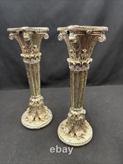19th Century Sheffield Plate Silver Corinthian Candle Holders Pair (2) Weighted
