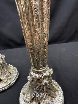 19th Century Sheffield Plate Silver Corinthian Candle Holders Pair (2) Weighted