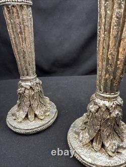 19th Century Sheffield Plate Silver Corinthian Candle Holders Pair (2) Weighted