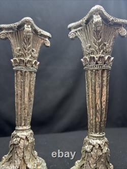 19th Century Sheffield Plate Silver Corinthian Candle Holders Pair (2) Weighted