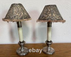 2 Antique Sterling Silver Spring Loaded Candle Holder With Pink Filigree Shades