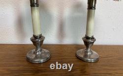 2 Antique Sterling Silver Spring Loaded Candle Holder With Pink Filigree Shades