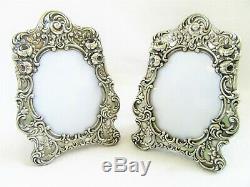 2 Vintage 4.75 Ornate Floral Gorham Silver Picture Frame Repousse Easel Pair