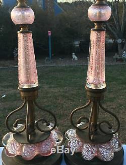 2 Vintage MURANO Hollywood Regency Mid Century SILVER FLECK LAMPS Pair BULB