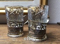 2 Vintage Russian Sterling Silver Tea Cup Holder And Pressed Glass Signed PAIR