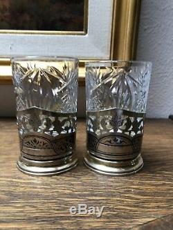 2 Vintage Russian Sterling Silver Tea Cup Holder And Pressed Glass Signed PAIR