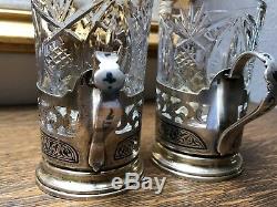 2 Vintage Russian Sterling Silver Tea Cup Holder And Pressed Glass Signed PAIR