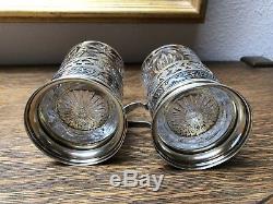 2 Vintage Russian Sterling Silver Tea Cup Holder And Pressed Glass Signed PAIR