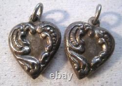 (2) Vintage Sterling Silver Repousse Puffy Heart Charms Pair