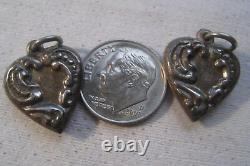 (2) Vintage Sterling Silver Repousse Puffy Heart Charms Pair