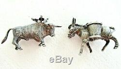 2 Vintage Sterling Silver Toothpick Match Holder Miniature Donkey Bull 925 Pair