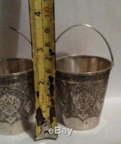 2 Vintage pair of decorated buckets with swing handles Persian silver Middle East