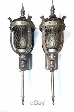 2 Vtg 30 MCM Medieval Gothic Wall Sconce Porch Light Lamp Smoked Optic Glass