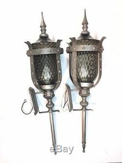 2 Vtg 30 MCM Medieval Gothic Wall Sconce Porch Light Lamp Smoked Optic Glass