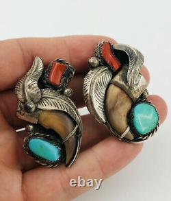 (2) Vtg Navajo Stamped Sterling Silver Turquoise & Red Coral Pair Pin Brooch