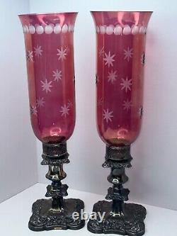 2 Vtg Silver Plate Etched Cranberry Hurricane Glass Art Nouveau Candle Holders