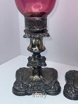 2 Vtg Silver Plate Etched Cranberry Hurricane Glass Art Nouveau Candle Holders