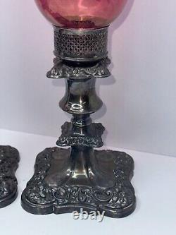 2 Vtg Silver Plate Etched Cranberry Hurricane Glass Art Nouveau Candle Holders