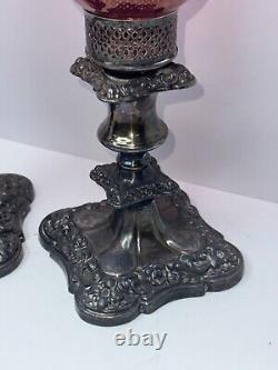 2 Vtg Silver Plate Etched Cranberry Hurricane Glass Art Nouveau Candle Holders