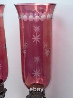 2 Vtg Silver Plate Etched Cranberry Hurricane Glass Art Nouveau Candle Holders