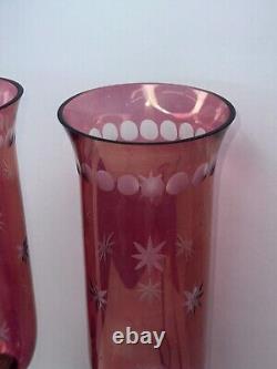 2 Vtg Silver Plate Etched Cranberry Hurricane Glass Art Nouveau Candle Holders