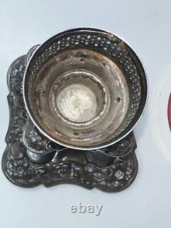 2 Vtg Silver Plate Etched Cranberry Hurricane Glass Art Nouveau Candle Holders