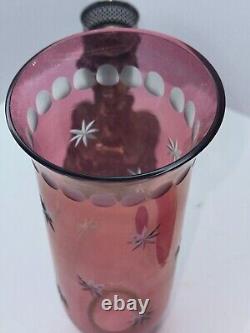 2 Vtg Silver Plate Etched Cranberry Hurricane Glass Art Nouveau Candle Holders