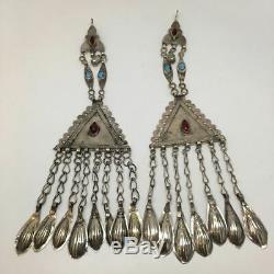 2x Pair Old Afghan Turkmen Tribal ATS Tassel Pendant Tribal German Silver, TK89