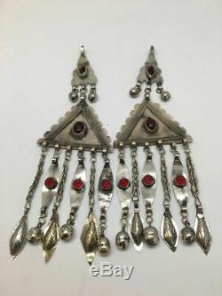 2x Pair Old Afghan Turkmen Tribal ATS Tassel Pendant Tribal German Silver, TK94