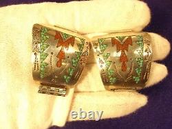 #5 of 5, VERY LARGE VTG PAIR OF STERLING SILVER, TURQUOISE & CORAL WATCH CUFFS