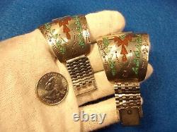 #5 of 5, VERY LARGE VTG PAIR OF STERLING SILVER, TURQUOISE & CORAL WATCH CUFFS