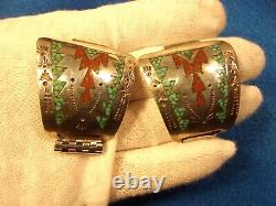 #5 of 5, VERY LARGE VTG PAIR OF STERLING SILVER, TURQUOISE & CORAL WATCH CUFFS