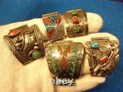 #5 of 5, VERY LARGE VTG PAIR OF STERLING SILVER, TURQUOISE & CORAL WATCH CUFFS