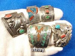 #5 of 5, VERY LARGE VTG PAIR OF STERLING SILVER, TURQUOISE & CORAL WATCH CUFFS