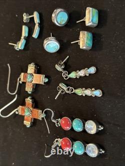 6 Pair Vintage Handmade Sterling Silver Multi Stone Pierced Earrings