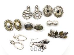8 Pairs Of Taxco Mexican Ladies Ornate Vintage 925 Sterling Silver Earrings