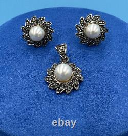 925 Solid Sterling Silver Vintage Real Marcasite & Pearl Earrings & Pendant Set